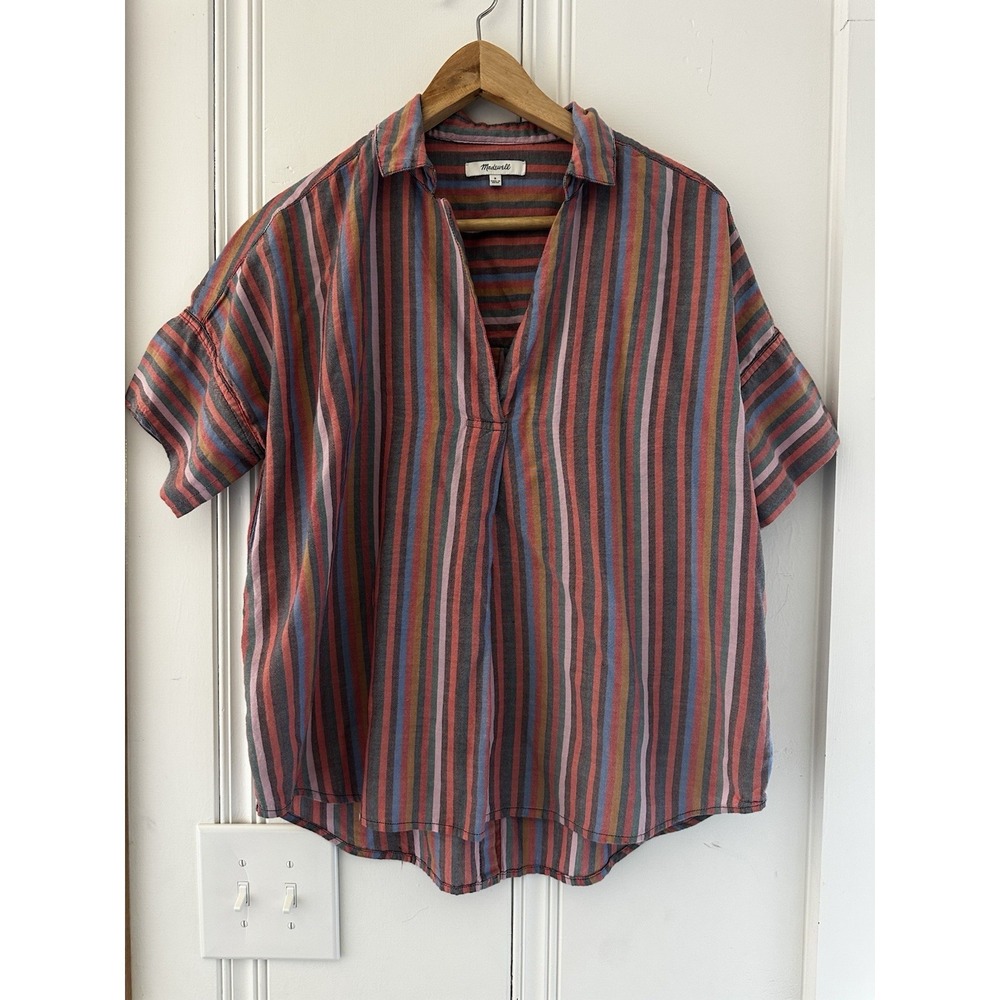 Madewell Striped Cotton Popover Top S Coastal Grandma Relaxed Boxy Casual